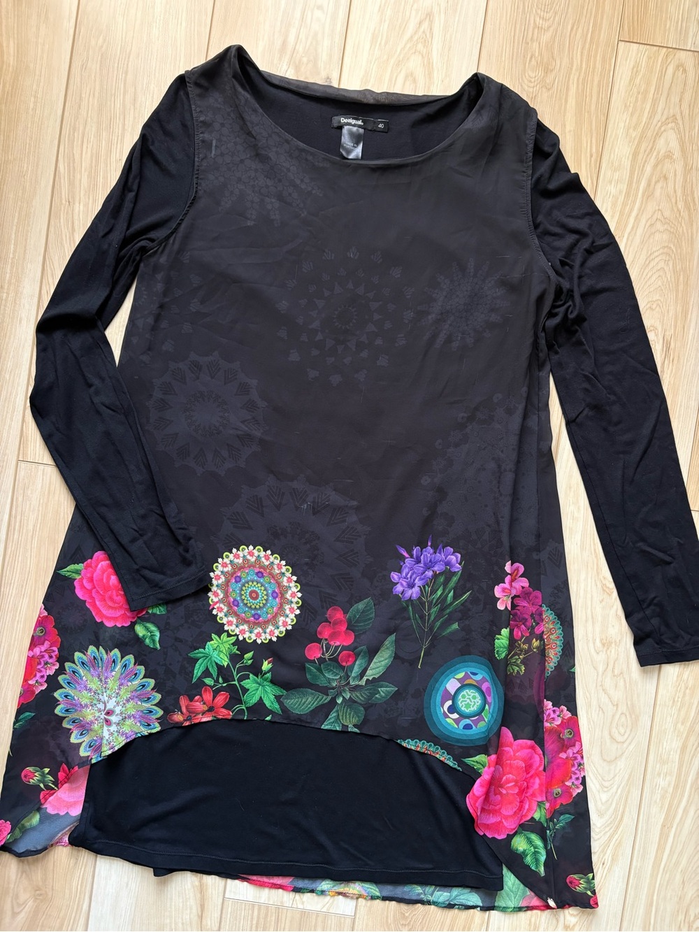 Desigual Kerowac Dress Sheer Floral Overlay with Soft Knit Underneath EUC Large